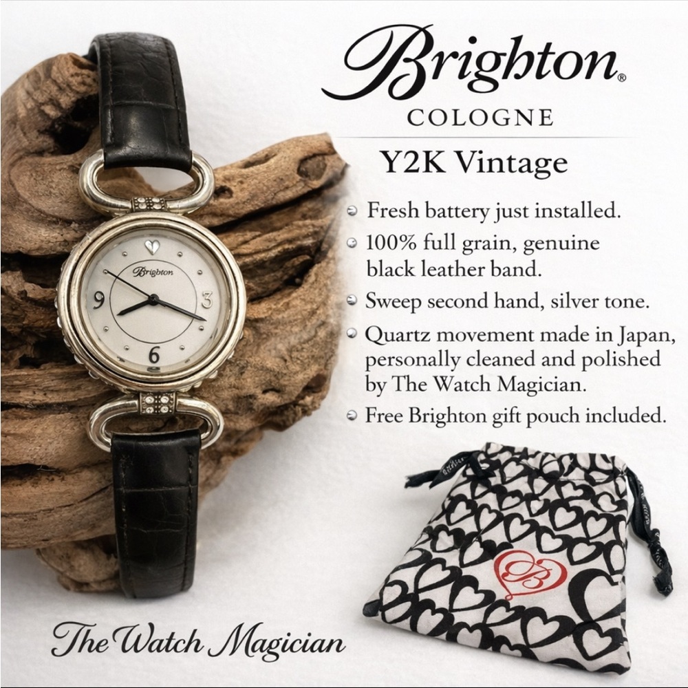 Brighton Cologne Silver Tone Quartz Watch w/Black Genuine Leather Strap